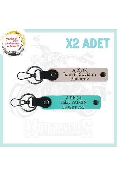 Miaju Powder-Turquoise, Motorcyclist Rider Exclusive, Leather 2-Piece Keychain with Name Plate and a Rh (-) Blood Type