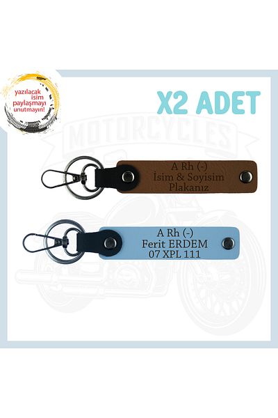 Miaju Light Coffee-Sky Blue, for Safe Driving, Motorcyclist Keychain with Nameplate and a Rh (-) Blood Type Lettering