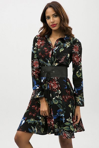 bacc Women's Black Green Floral Patterned Light Textured Shirt Dress Bcbsk-25650-2164