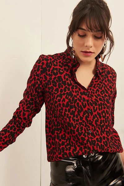 bacc Women's Red Patterned Long Sleeve Shirt Bcbsk-25700-T4011-1470
