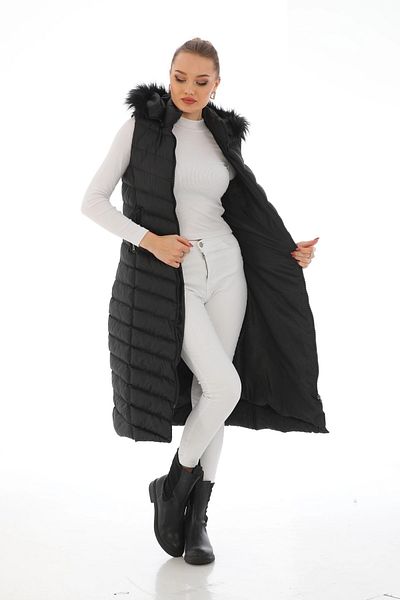 bacc Women's Black Hooded Fur Long Puffer Vest Bcbsk-25700-K7584