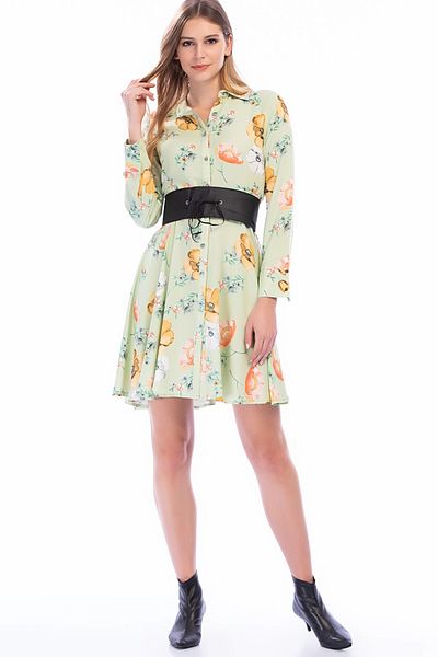 bacc Women's Pistachio Green Light Fabric Patterned Shirt Dress Bcbsk-25650-2164-2