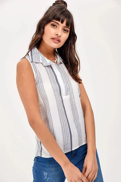 bacc Women's Ecru Navy Blue Soft Textured Tank Top Bcbsk-25700-2346