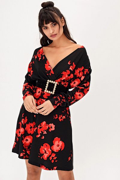 bacc Women's Red V-Neck Floral Patterned Dress Bcbsk-25700-T4012-1270