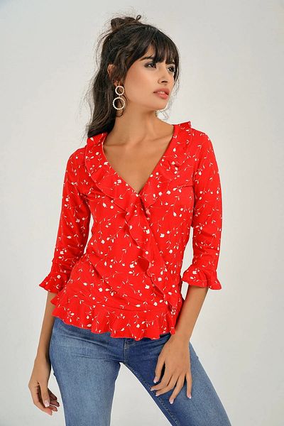 bacc Women's Red V-Neck Patterned Blouse Bcbsk-25700-T4010-1310