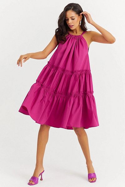 bacc Women's Fuchsia Halter Skirt Layered Ruffled Poplin Kilos Dress Bcbsk-25700-K7172