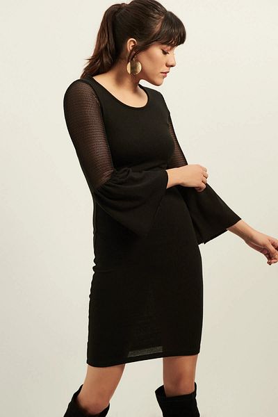 bacc Women's Black Lace Detailed Spanish Sleeve Dress Bcbsk-25700-T4007-1070