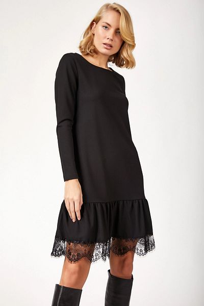 bacc Women's Black Crew Neck Skirt Tulle and Flywheel Detailed Dress Bcbsk-25700-K4747