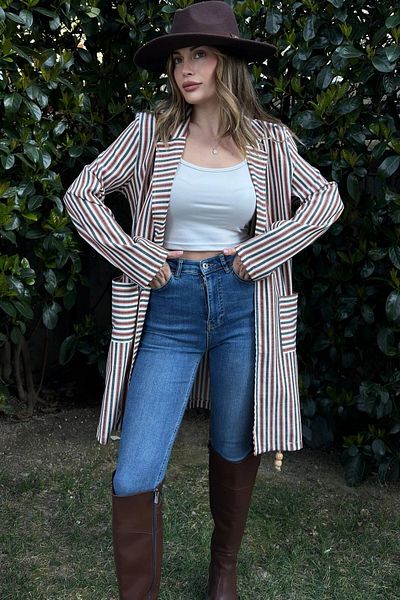 bacc Women's Red Striped Long Boyfriend Jacket Bcbsk-25700-3272