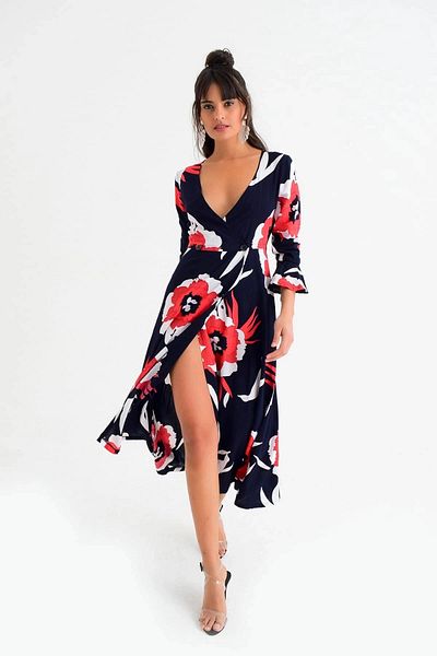 bacc Women's Navy Blue Double Breasted Collar Slit Patterned Dress Bcbsk-25700-K4088