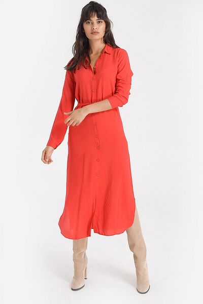 bacc Women's Red Self-Belt Long Shirt Dress Bcbsk-25700-K4480
