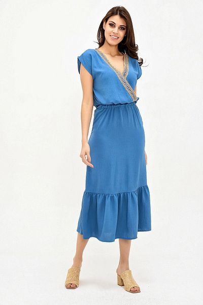 bacc Fusta brodata din paie indigo pentru femei Rochie lunga cu volane Bcbsk-25700-2856
