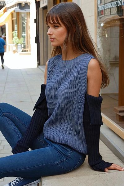 bacc Women's Indigo Laci Off-Shoulder Color Block Sweater Bcbsk-25700-6143