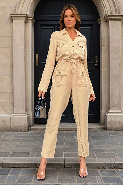 bacc Women's Caramel Airobin Pocket Belted Safari Jumpsuit Bcbsk-25700-3164