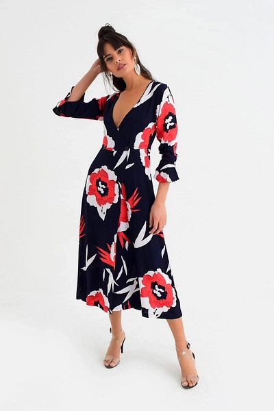 bacc Women's Navy Blue Double Breasted Collar Slit Patterned Dress Bcbsk-25700-K4088
