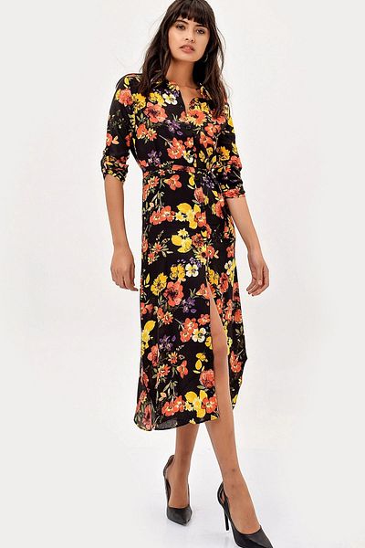 bacc Women's Black Yellow Floral Patterned Dress Bcbsk-25700-H5022