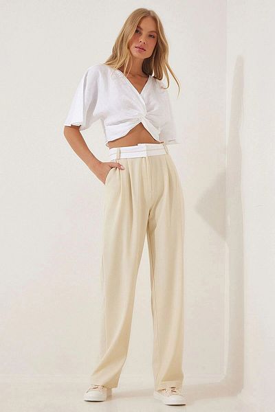 bacc Women's Beige High Waist Double Pocket Palazzo Trousers Bcbsk-25700-K7220
