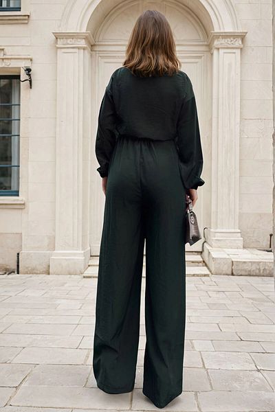 bacc Women's Khaki Half Placket Elastic Waist Loose Wide Leg Pocket Loose Jumpsuit Bcbsk-25700-3360
