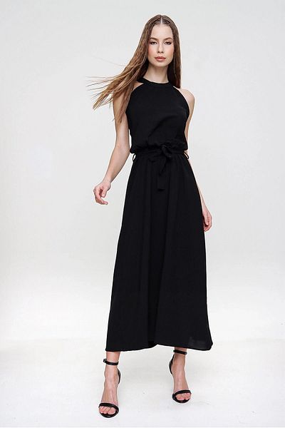 bacc Rochie neagră pentru femei, cu decolteu, cu șalter, cu talie decoltată, cu cravată Bcbsk-25700-k5330