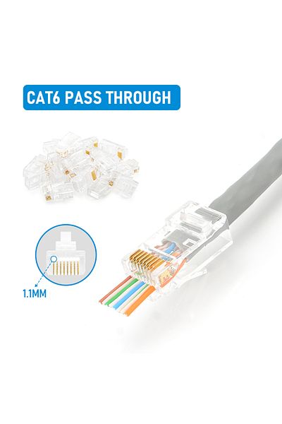 seven floor 50 قطعة CAT6 مع فتحة مرور 10/20/30/50 قطعة موصلات RJ45 Cat6/Cat5e ذات النهاية البلورية 8P8C Cr