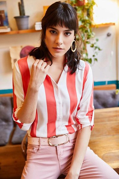 bacc Women's Red Thick Striped Long Sleeve Shirt Bcbsk-25700-K5149