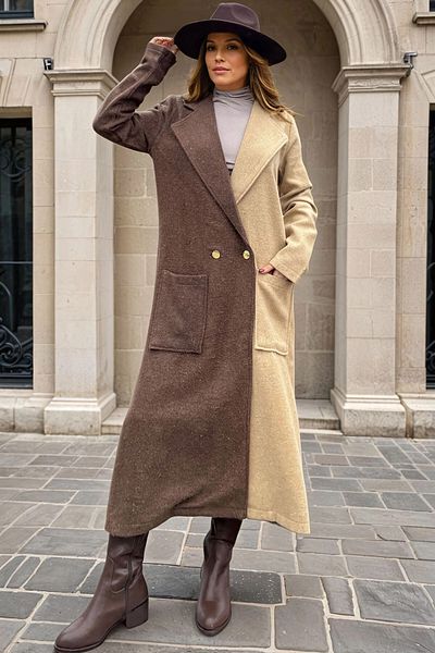 bacc Women's Brown Brownbeige Stamp Color Block Buttoned Pocket Coat Bcbsk-25700-3320