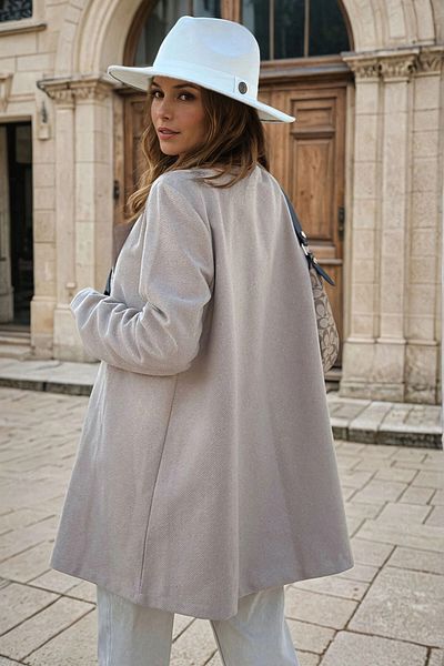 bacc Women's Cream Self Textured Stamp Jacket Collar Lined A-Line Double Button Coat Bcbsk-25700-3474