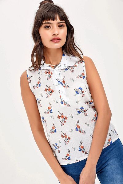 bacc Women's Ecru Sleeveless Floral Patterned Shirt Bcbsk-25650-2346