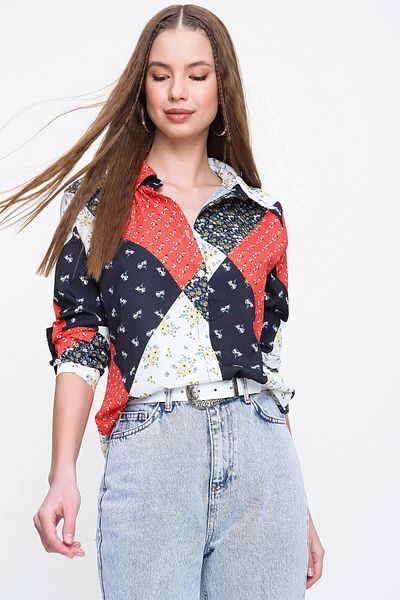 bacc Women's Red Patterned Long Sleeve Shirt Bcbsk-25700-K6074
