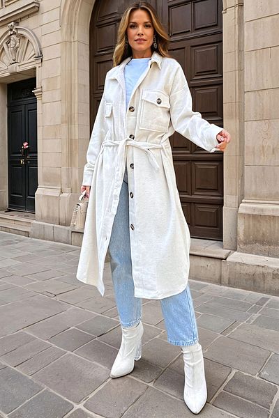 bacc Women's Ecru Self-Belted Double Pocket Buttoned Coat Bcbsk-25700-3280