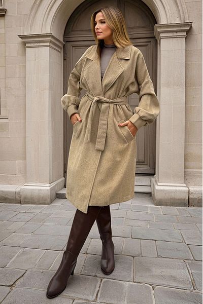 bacc Women's Caramel Stitch Watermelon Sleeve Jacket Collar Pocket Belted Coat Bcbsk-25700-3311