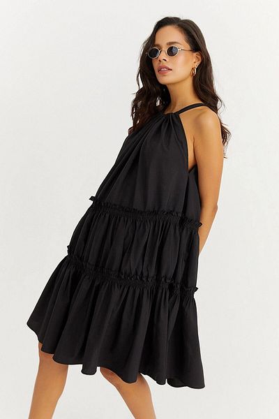 bacc Women's Black Halter Skirt Layered Ruffled Poplin Kiloş Dress Bcbsk-25700-K7172