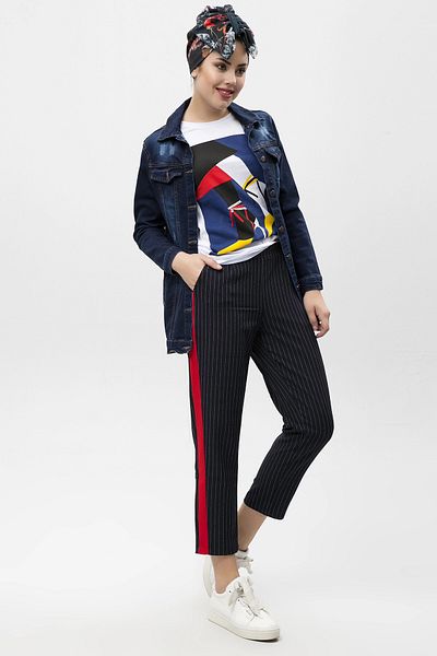 bacc Women's Navy Blue Stripe Detailed Carrot Pants Bcbsk-25650-2254