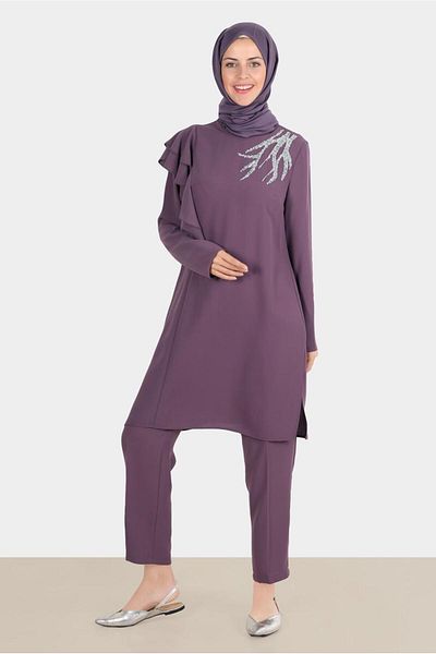 Alvina Crepe Double Flounce Stone Trousers - Set 30267