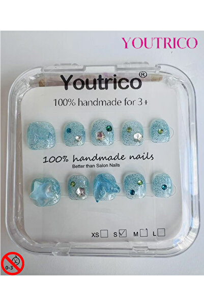 Youtrico أظافر أطفال لاصقة مصنوعة يدويًا بنسبة 100%، لون أخضر كرتوني، آمنة لل...