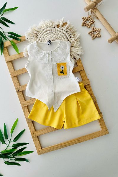 Minigimin Cicileri My Little One's Ciciler Guipure Collar Pocket Flower Knitted Detailed Cotton Baby Girl 2-Piece Shorts Set - Yellow