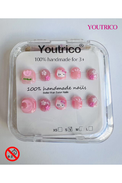 Youtrico أظافر أطفال لاصقة مصنوعة يدويًا بنسبة 100%، هالو كيتي، لون أخضر قمري...