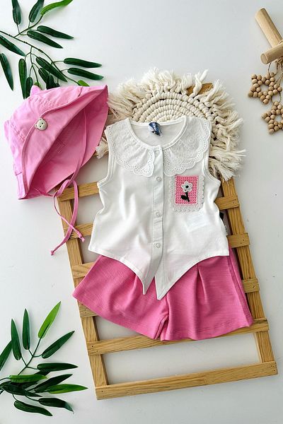 Minigimin Cicileri My Little One's Ciciler Guipure Collar Pocket Flower Knitted Detailed Cotton Baby Girl 2-Piece Shorts Set - Pink