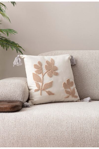 dekomall home & living Tasseled Beige Punch Embroidered Throw Pillow Cover 43X43Cm