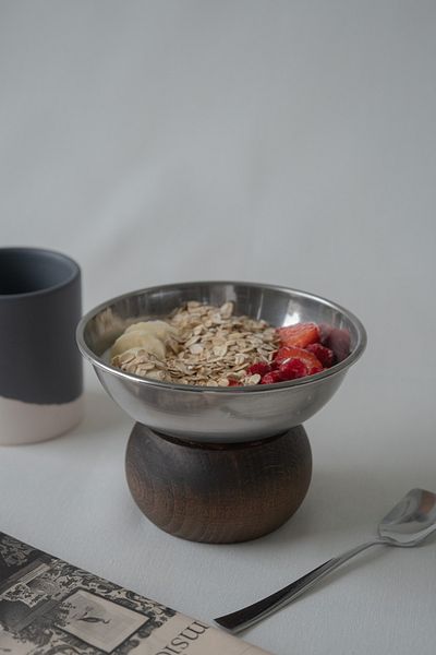 Beige & Stone Steel 330 ml Cookie Decoration Presentation Bowl Stand with Wooden Base