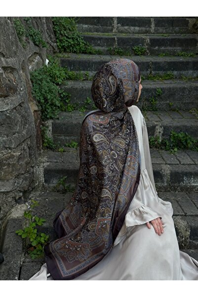 Qalortex Scarf Βαμβακερό έθνικ σχέδιο σάλι-καφέ