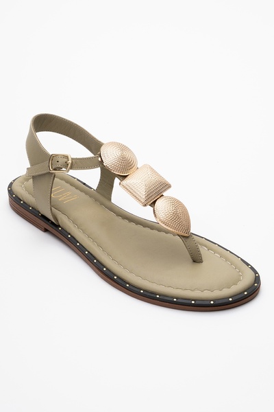 LuviShoes Helen Green Genuine Leather Flip Flops Gold Buckle Women's Sandals