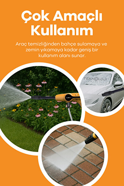 Teknoloji Gelsin Araç Yıkama Makinesi Yüksek Basınçlı Bahçe Ağaç Sulama Çift Batarya 21 Watt 30 psı 5m Kablo Köpük