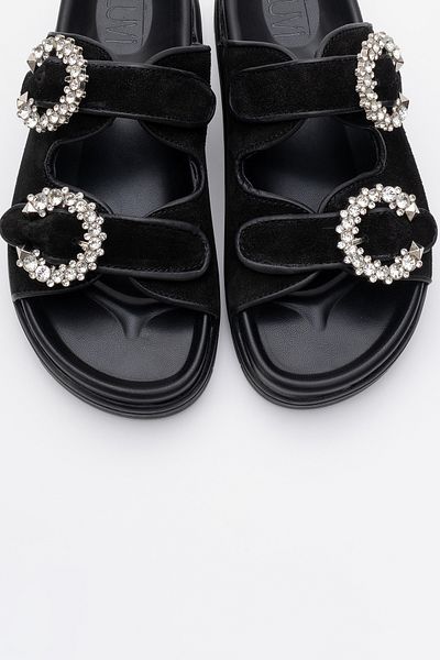 LuviShoes Γυναικείες παντόφλες MORELIA Μαύρο Suede Γνήσιο Δερμάτινο Πέτρα Διπλό Ζωντανό