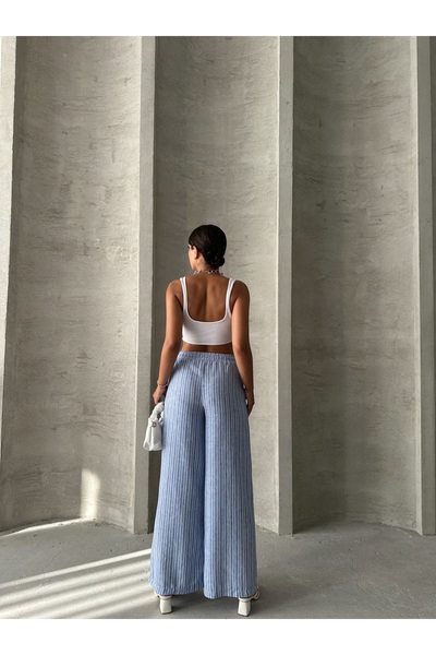 Miss Allos Kadın Önü Bağcıklı Çizgili Keten Pantolon