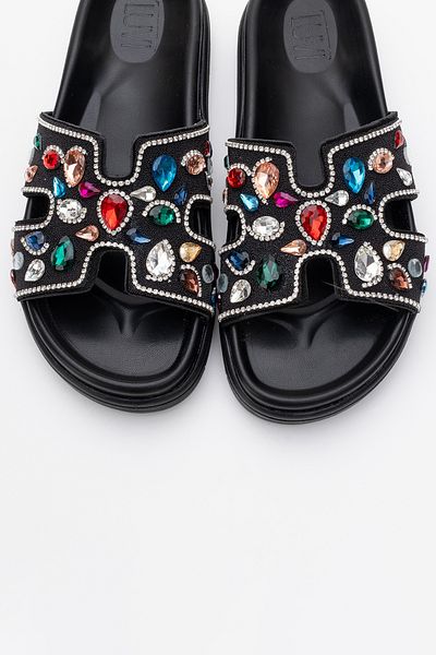 LuviShoes Γυναικείες παντόφλες BRAVE Μαύρες Γνήσιο Δέρμα Πολύχρωμες Πέτρες