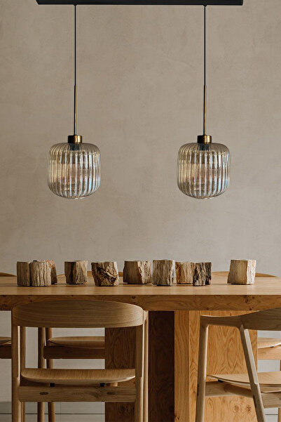 Bamyum İkili Mopa Cam Bal Rengi Avize İnce Eskitme Başlık Retro Sarkıt Lamba Restoran Salon Aydınlatma