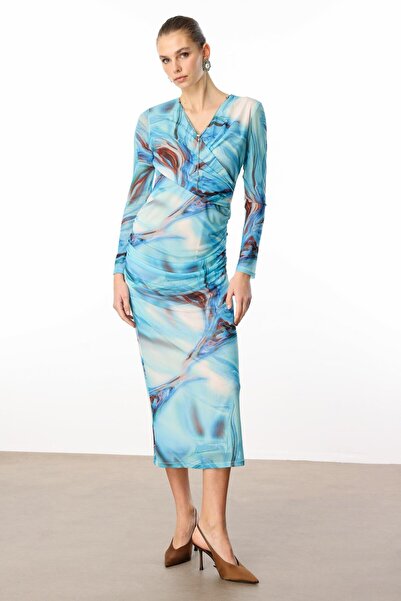 Moda İlgi Modailgi Kruvaze Yakalı Zincir Aksesuarlı Büzgülü Uzun Tül Elbise Mavi