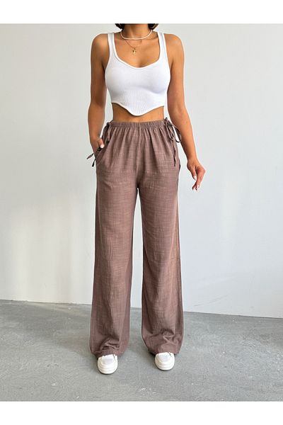 BEJNA Nerzfarbene Leinenhose mit seitlicher Bindung für Damen