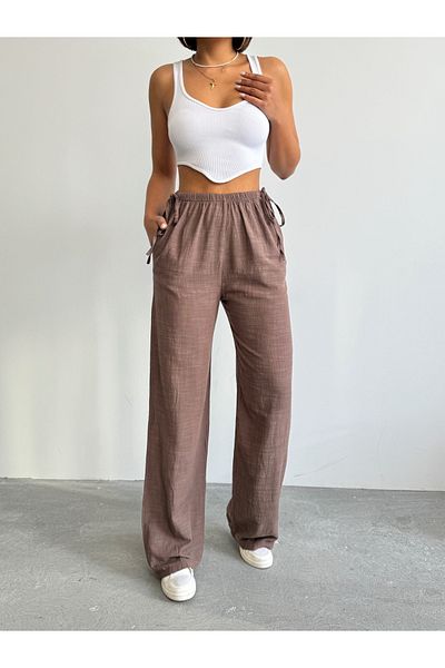 BEJNA Nerzfarbene Leinenhose mit seitlicher Bindung für Damen